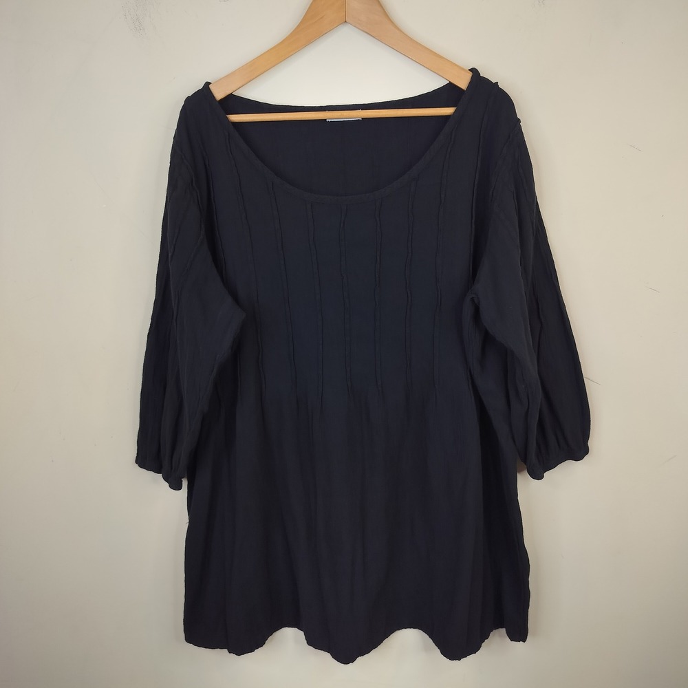 Soft Surroundings Tunic Top 2X Seamed Pintuck Gauze Cotton Lagenlook Boho Black